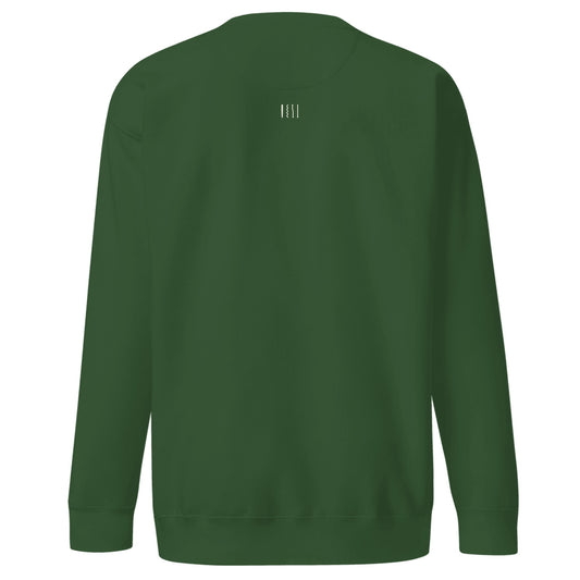 Four Strokes Back-Neck Crewneck mockup, back view: Cotton Heritage M2480 in Forest Green with a small cream four-stroke 1111 mark below the collar