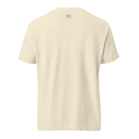 Four Strokes Back-Neck Tee mockup, back view: Comfort Colors 1717 in Ivory with a small midnight four-stroke 1111 mark below the collar